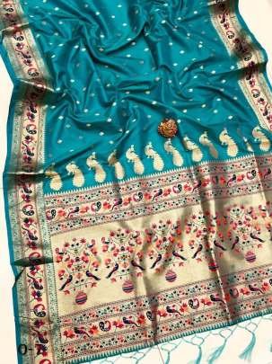 Fancy Super Soft Kasturi Turquoise Silk Saree With Gold Zari Weaving