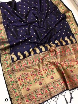 Designer Navy Blue Paithani Silk Saree With Zari Weaving