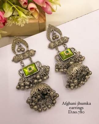 Oxidized Green Stone Navratri Jhumka  Earring