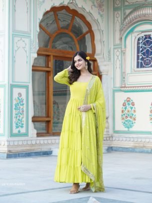 Parrot Attractive Full Sleeve Designer Faux Georgette Gown