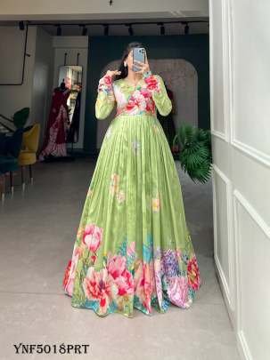 Parrot Green Floral Printed Tussar Silk Readymade Gown