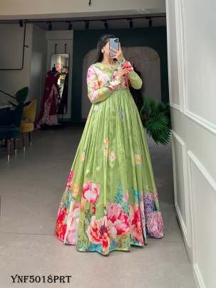 Parrot Green Floral Printed Tussar Silk Readymade Gown