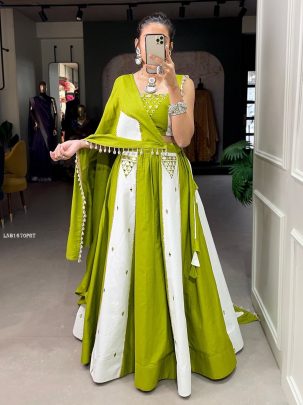 Parrot Green Pure Cotton Mirror Work Lehenga Choli