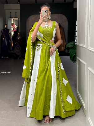 Parrot Green Pure Cotton Mirror Work Lehenga Choli