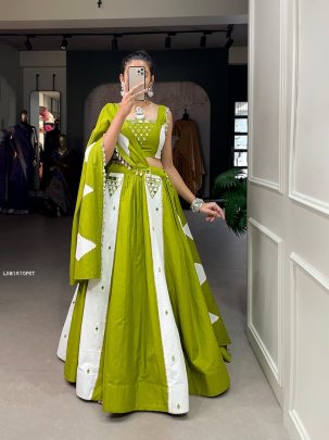 Parrot Green Pure Cotton Mirror Work Lehenga Choli