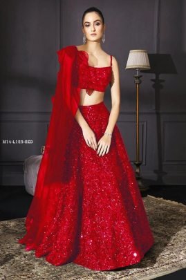 Party Special Velvet Sequence Red Lehenga Choli With Ruffle Dupatta