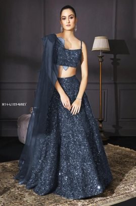 Party Special Velvet Sequence Grey Lehenga Choli With Ruffle Dupatta