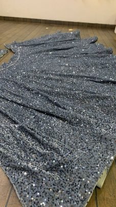 Party Special Velvet Sequence Grey Lehenga Choli With Ruffle Dupatta