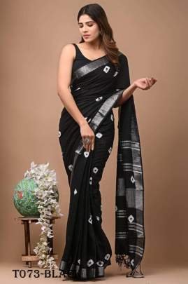 Women Linen Black Saree With Sibori Print