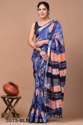 Blue Linen Sibori Print Saree With Blouse