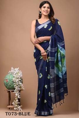 Indian Wear Linen Blue Saree With Sibori Print Pattern