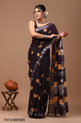 Sibori Print Linen Brown Saree With Blouse