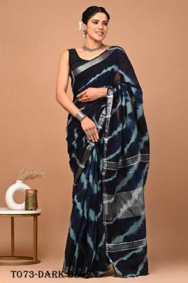 Saree Sensation Linen Dark Blue Saree With Sibori Print