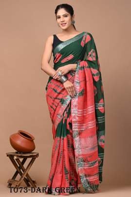 Dark Green Linen Digital Print Sibori Saree