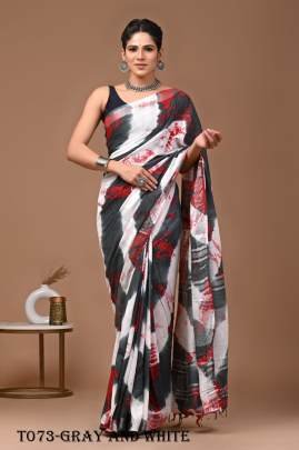 Trendy Saree Linen Grey And White Saree With Sibori Print