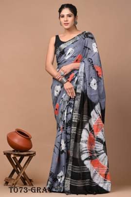 Sibori Pattern Print Linen Grey Saree