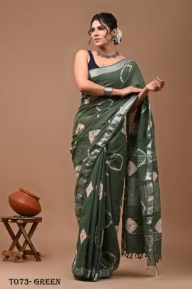 Fancy Linen Green Saree With Sibori Print Work