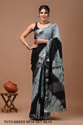 Fashion point Linen Green With Sky Blue Saree With Sibori Print