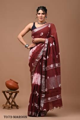 Traditional Soft Linen Maroon Saree With Sibori Print