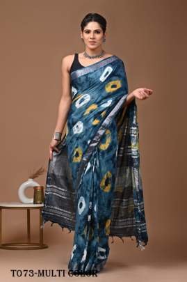 Classic Linen Multi Color Saree With Sibori Print