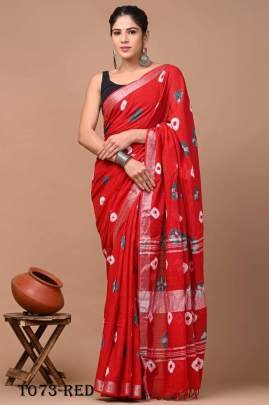 Linen Red Saree With Sibori Print Pattern For Women