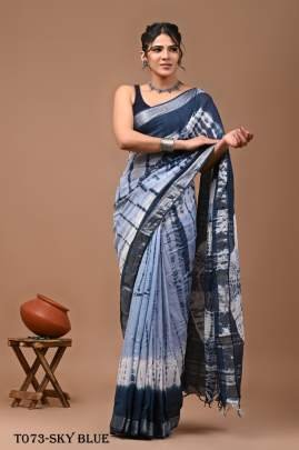 Designer Linen Sky Blue Saree With Sibori Print