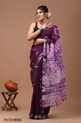 Party Ware Linen Wine Saree With Sibori Print