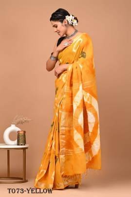 Party Ware Linen Yellow Saree With Sibori Print