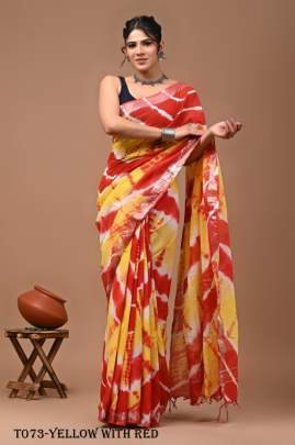 Fancy Linen Yellow With Red Saree With Sibori Print Work