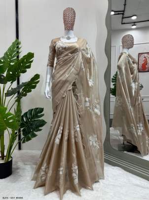 Party Wear Beige Color Sequence Work Saree