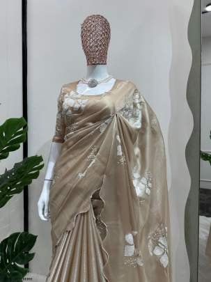 Party Wear Beige Color Sequence Work Saree