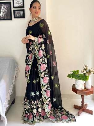 Party Wear Black Soft Georgette Saree