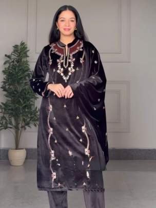 Party Wear Black Thread And Sequence Work Viscose Velvet Suits Set