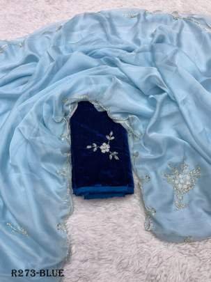 Party Wear Blue Handwork Soft Organza Saree