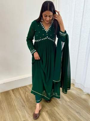 Party Wear Bottle Green Georgette Gown Pant With Dupatta