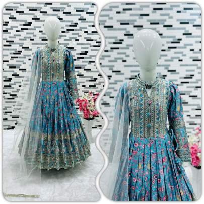Party Wear Chinon Silk Embroidered Work Blue Kids Gown