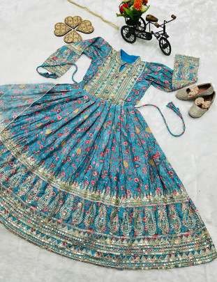 Party Wear Chinon Silk Embroidered Work Blue Kids Gown