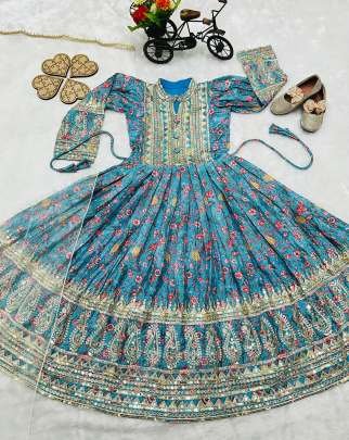 Party Wear Chinon Silk Embroidered Work Blue Kids Gown