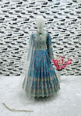 Party Wear Chinon Silk Embroidered Work Blue Kids Gown
