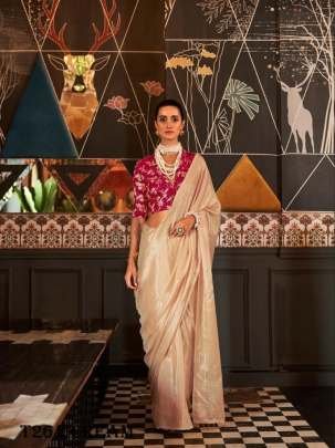 Party Wear Cream Pure Viscose Hand loom Weaving Saree