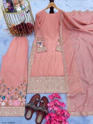Party Wear Embroidery Sequence Work Peach Colour Kurti Palazzo With Dupatta