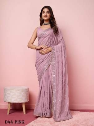 Party Wear Georgette Pink Saree with Sequins and Lace Border