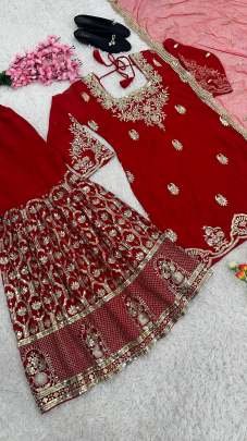 Party Wear Georgette With Embroidery Top Bottom Sharara Set
