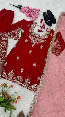 Party Wear Georgette With Embroidery Top Bottom Sharara Set