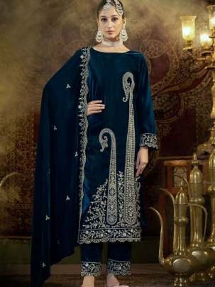 Party Wear Heavy Embroidery Sequence Work Viscose Velvet Suits