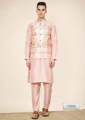 Party Wear Hex Peach Plain Pure Silk Kurta With Jacquard Koti Set