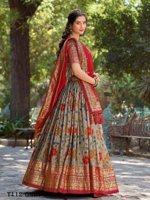 Party Wear Kalamkari Print Grey Silk Lehenga Choli By Fab Funda