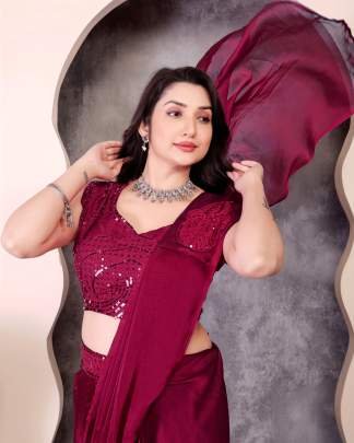 Party Wear Maroon Embroidery Sequence Work Ready To Wear Saree