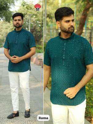 Party Wear Men Green Chikankari Work Rayon Short Kurta