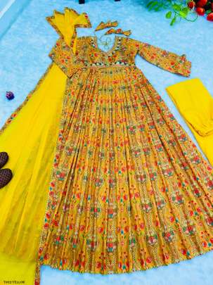 Party Wear Muslin Cotton Yellow Gown Digital Printed